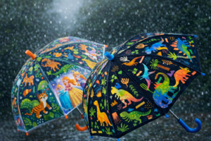 børneparaply med farverige figurer og motiver til regnvejr