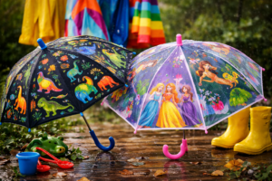paraply til børn med eventyr og farverige illustrationer