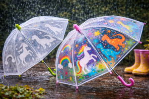 farveskiftende paraply til børn med motiver der bliver tydelige i regnvejr