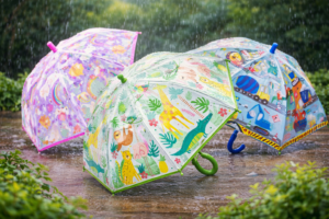 farveskiftende børneparaplyer med jungle og bygge motiver der ændrer farve når de bliver våde