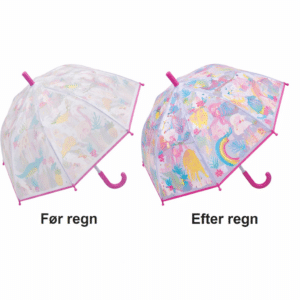 paraply til børn med farveskiftende motiver der bliver tydelige i regnvejr